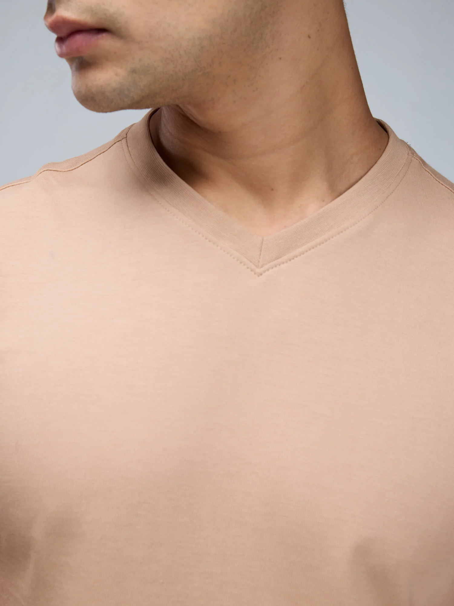 Beige Supima V Neck T-shirt - Regular Fit - Image 5