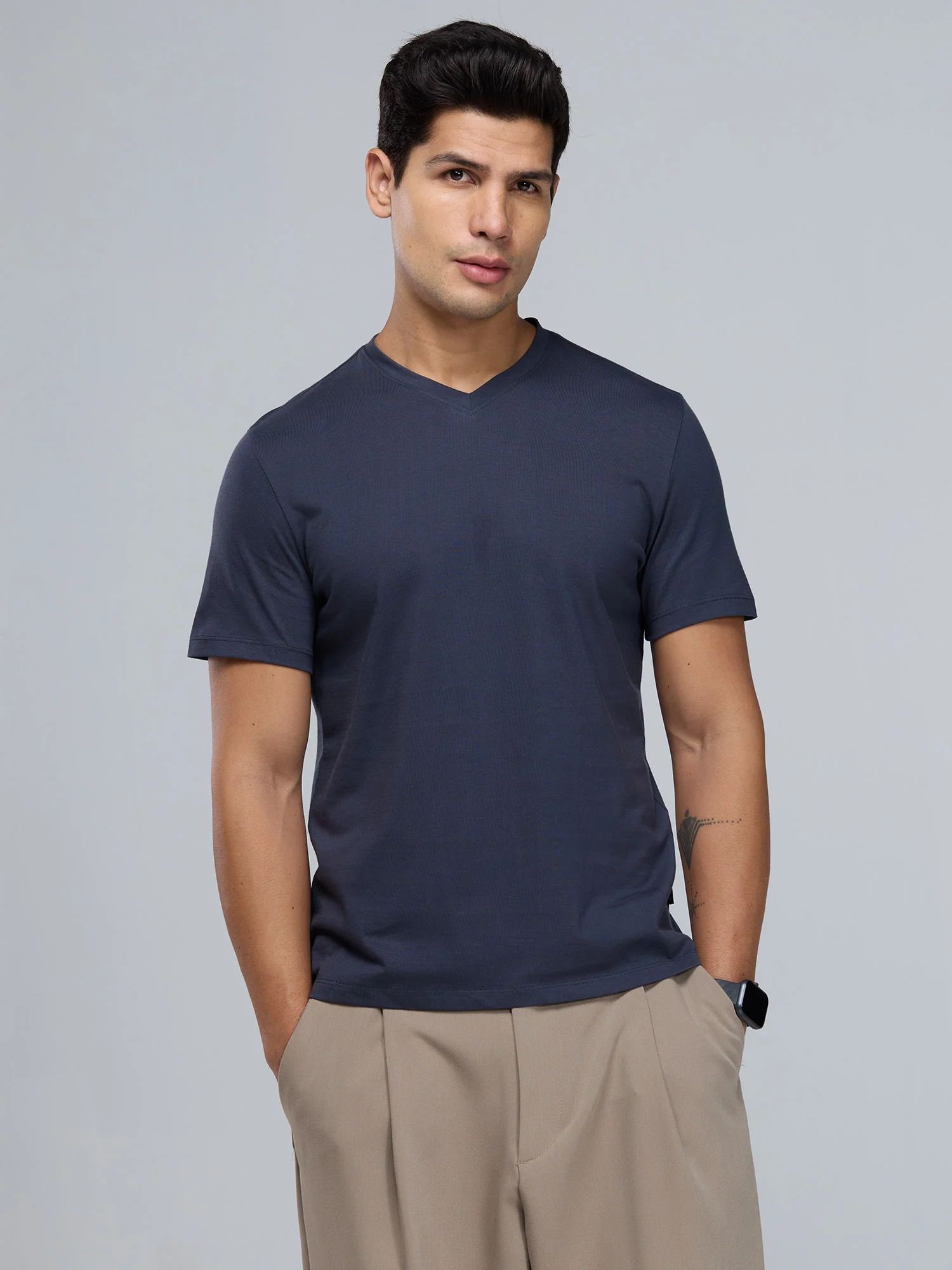 Navy Supima V Neck T-shirt - Regular Fit - Image 3